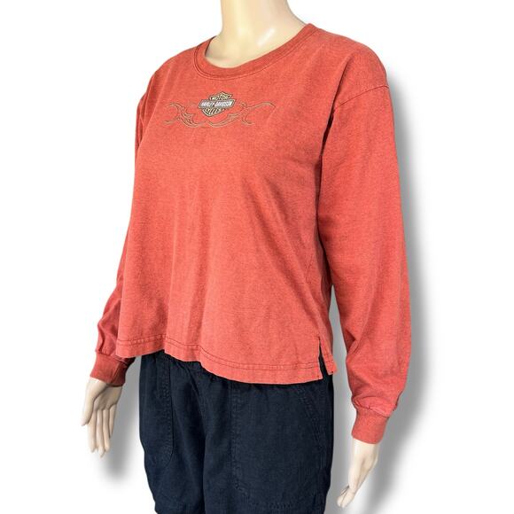 Harley Davidson Womens T Shirt Top Long Sleeve Pullover Crew Neck Orange Medium - Picture 6 of 11